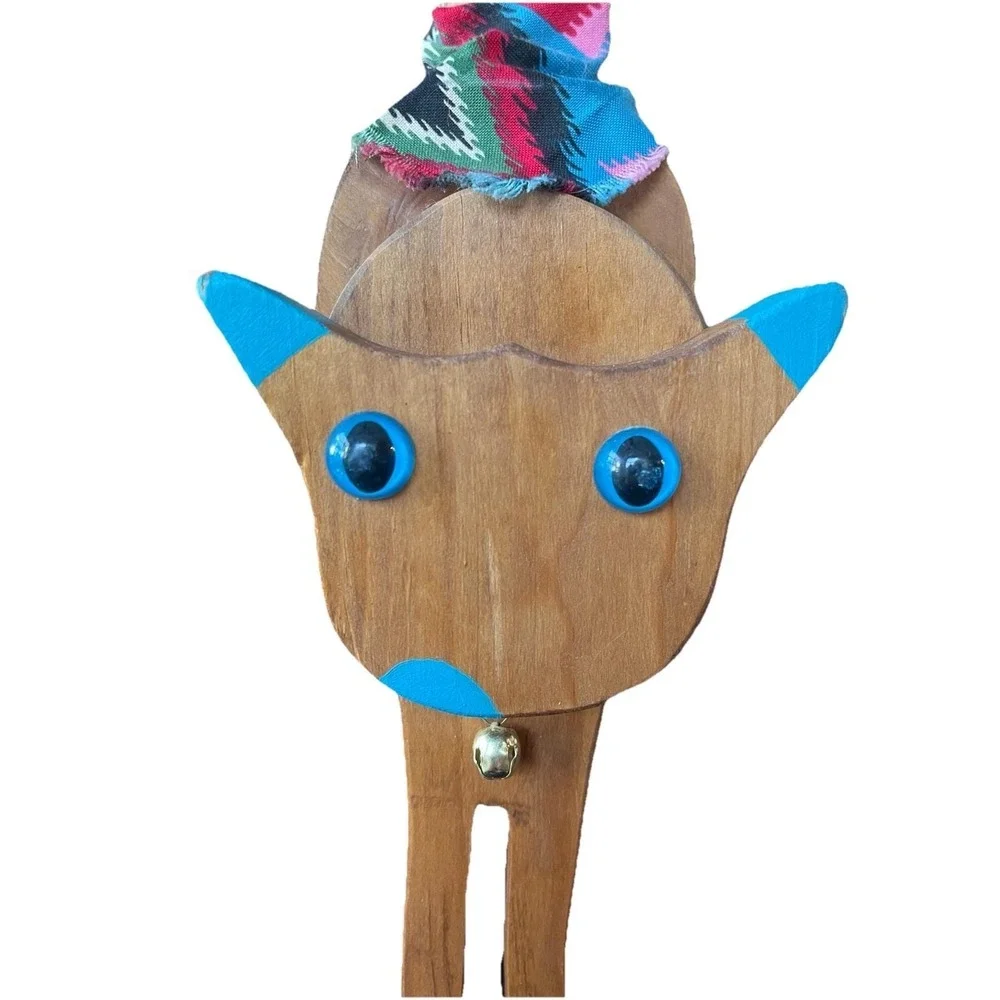Vintage Wooden Folk Art Cat Kitty Doorstop Door Wedge with Bell Teal Accents 22